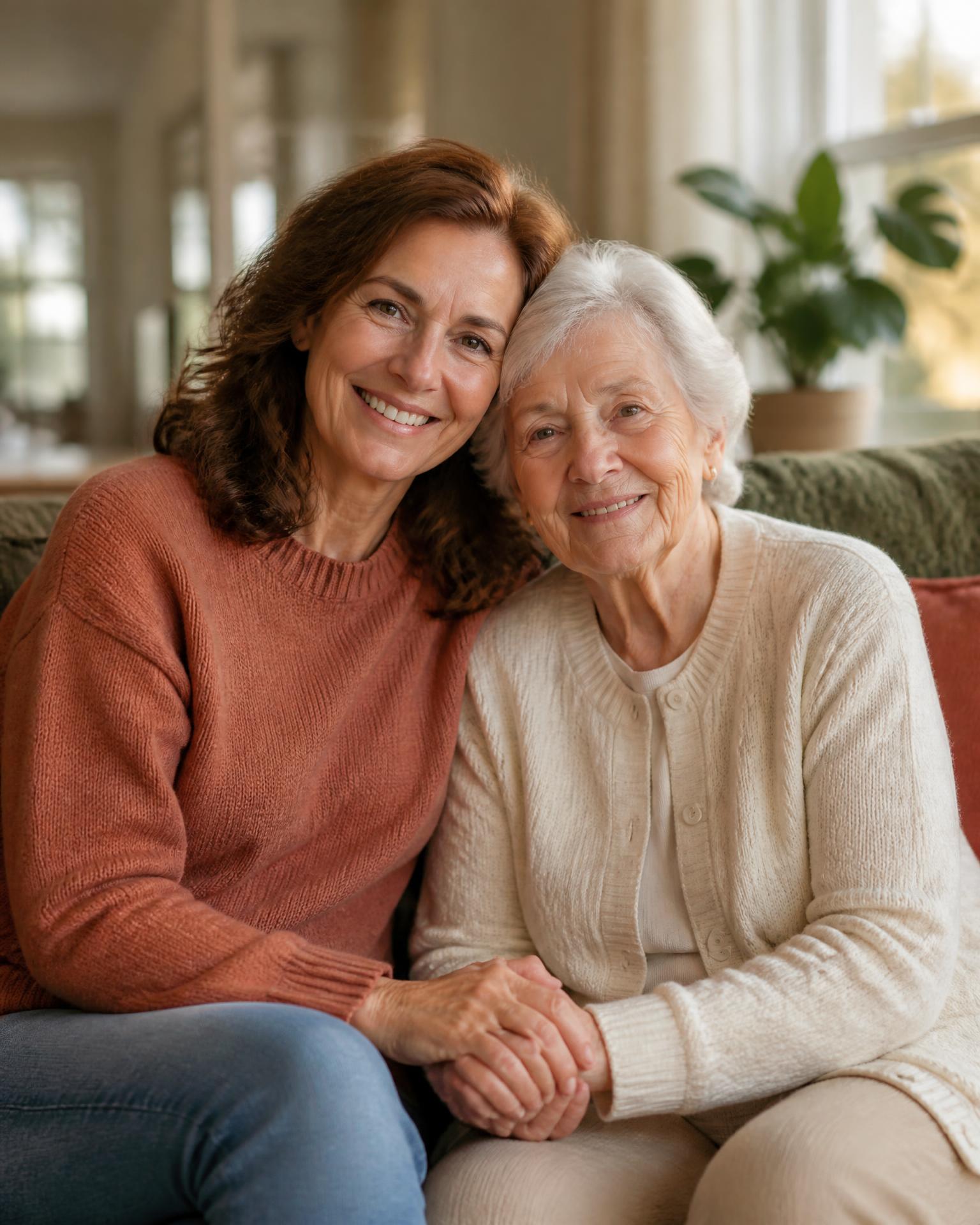 An adult daughter sitting with her elderly mother in a sunlit living room