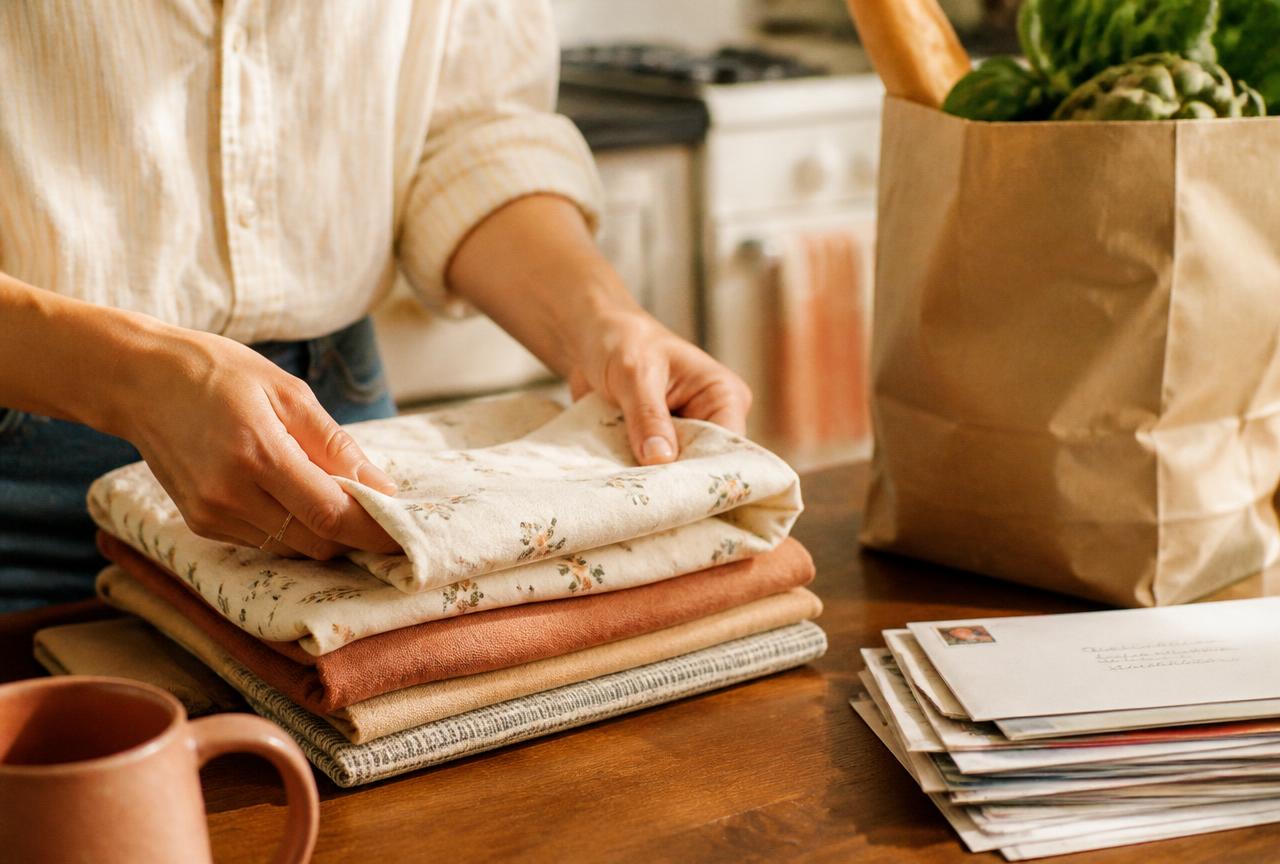 Hands folding laundry beside a bag of groceries and a neat stack of mail